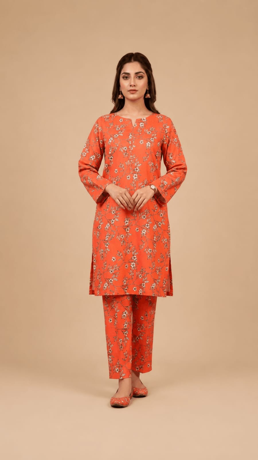 Rust Orange Delicate Twig Printed 2-Piece Suit