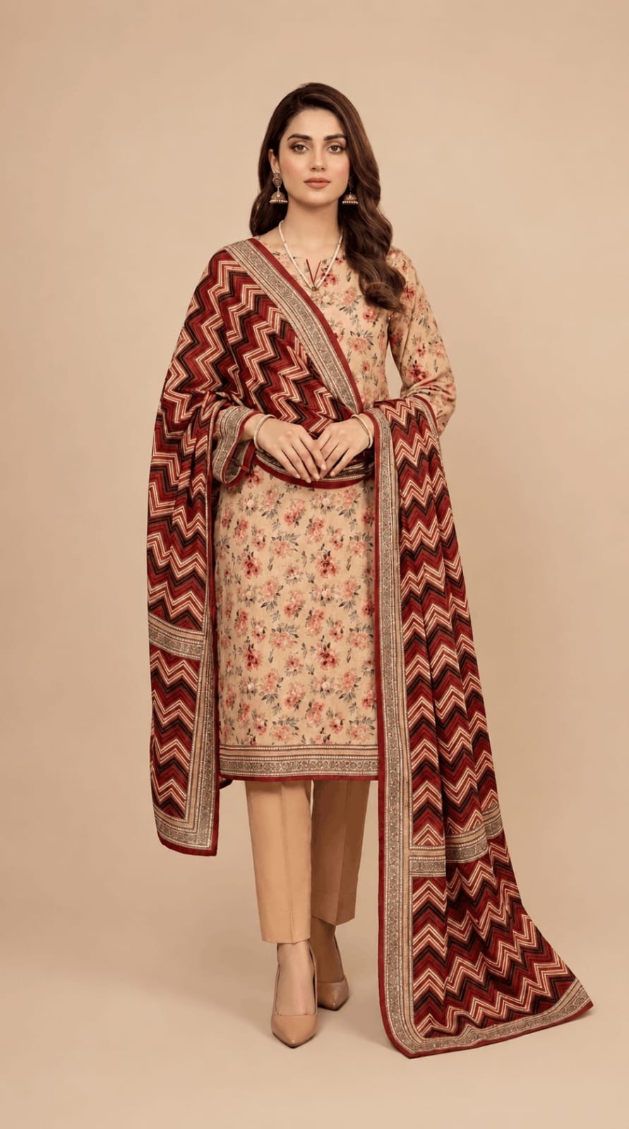Elegance Floral Printed Kurti with Chevron Dupatta & Trousers Set