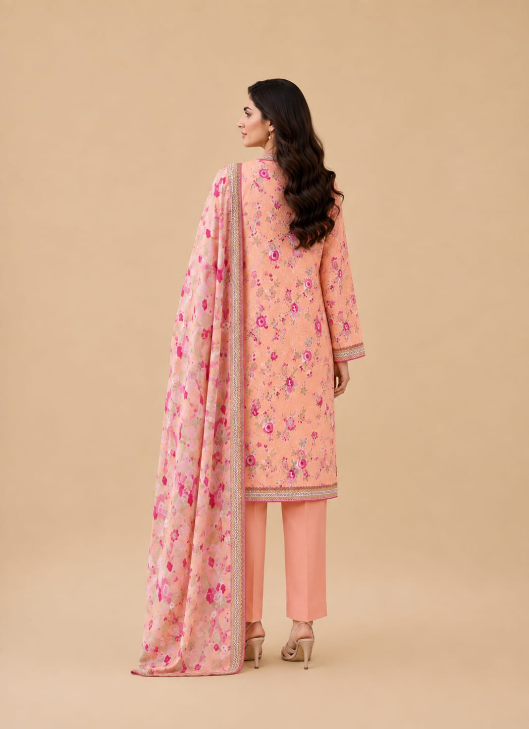 Peach Pink Floral Blossom 3-Piece Lawn Suit