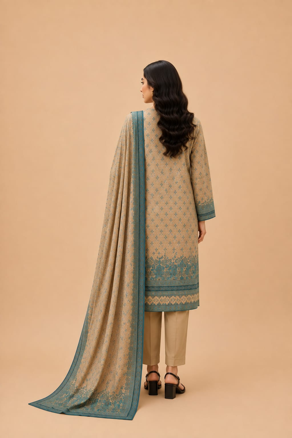 Beige & Teal Printed 3-Piece Lawn Suit