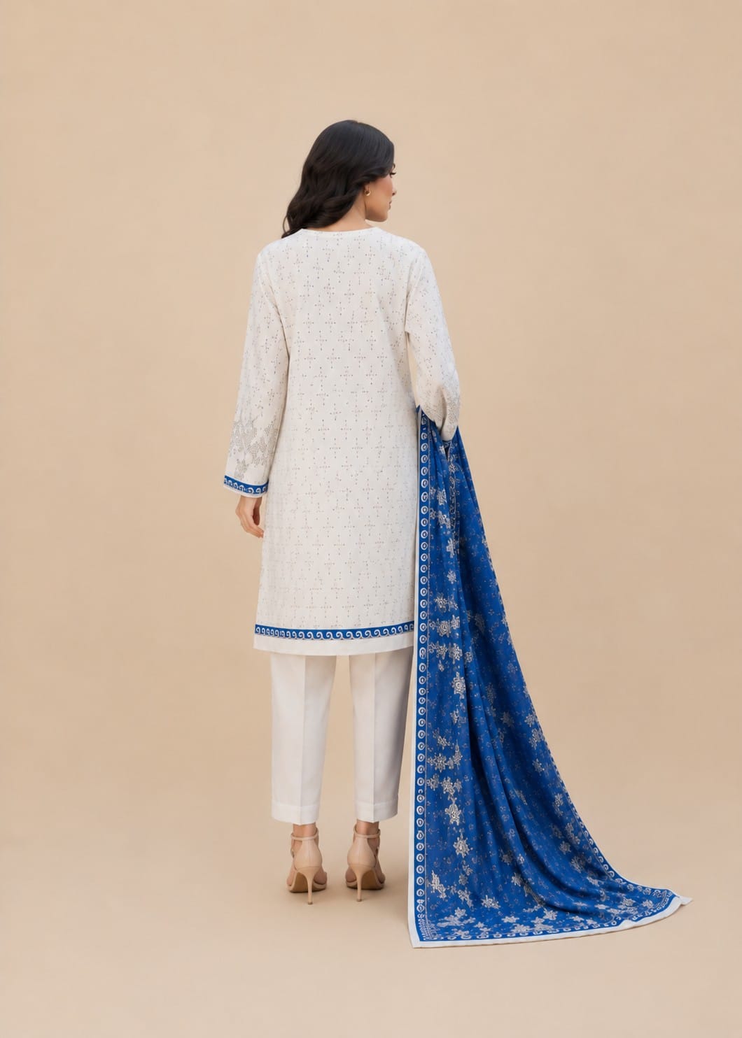 Off-White & Royal Blue Accent 3-Piece Lawn Suit