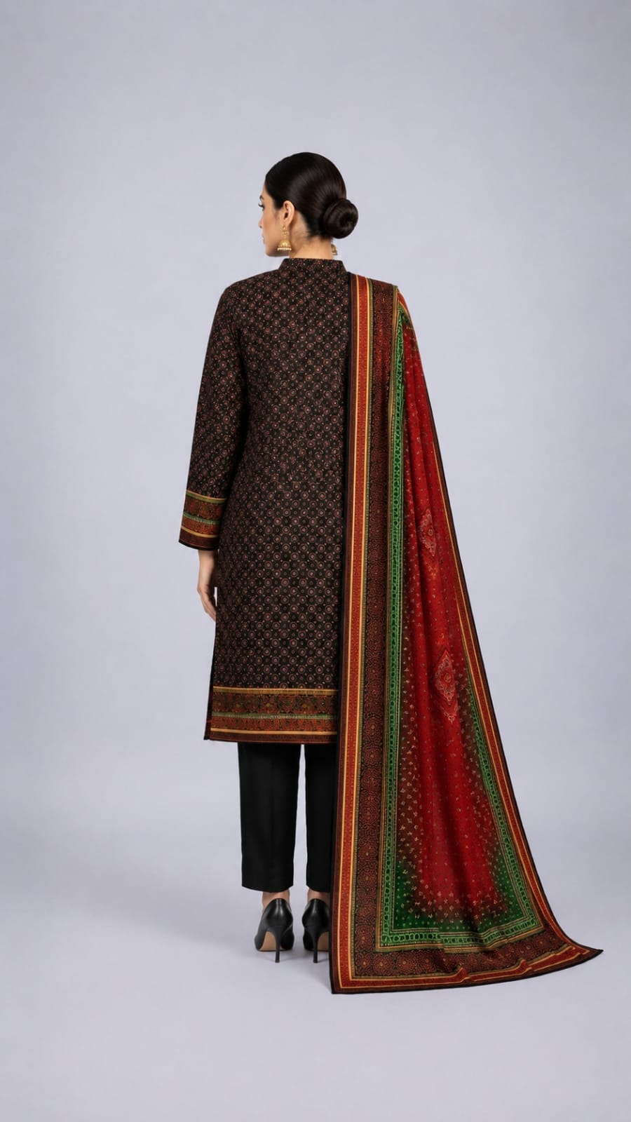 Printed 3-Piece Lawn Suit - Classic Black & Red