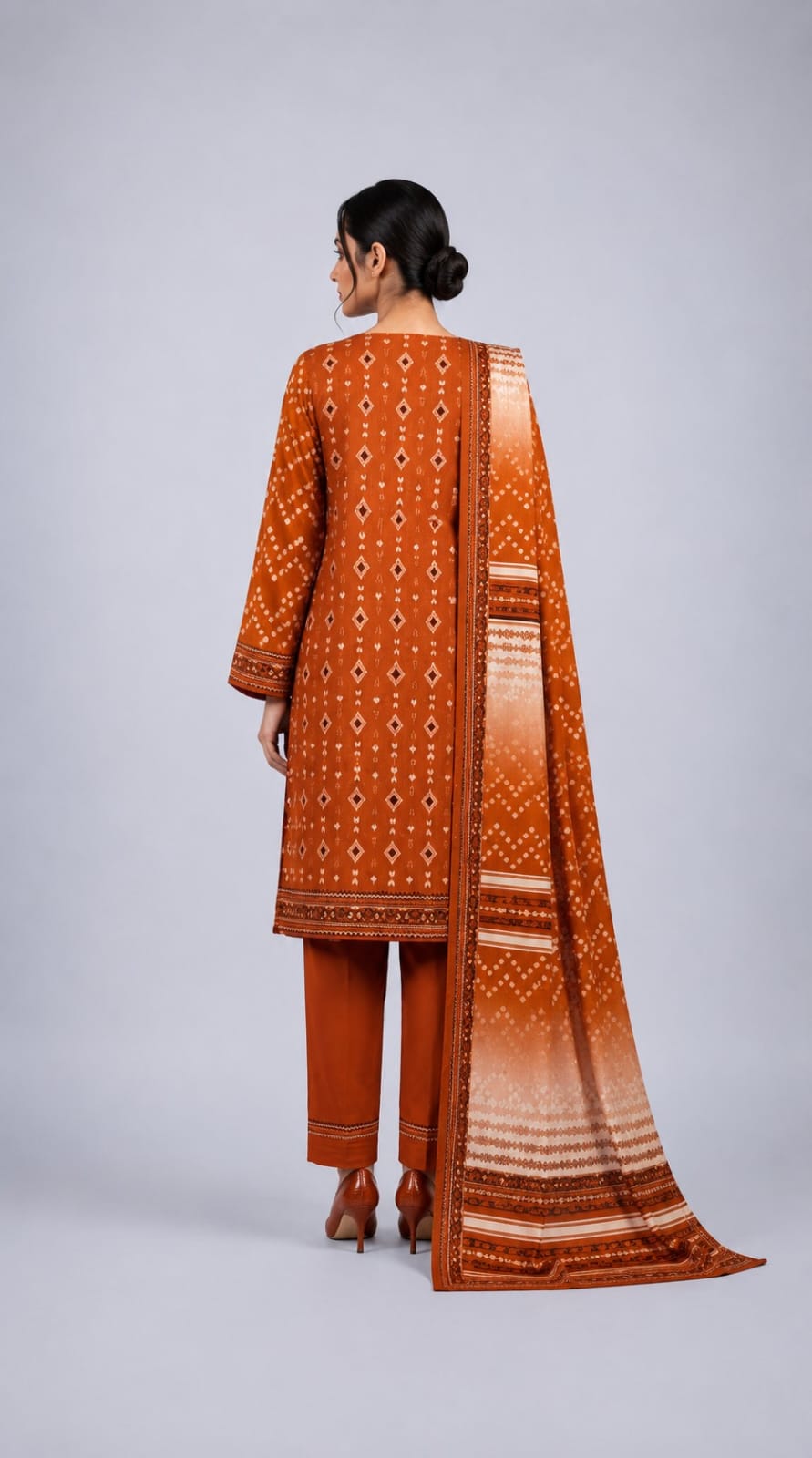 Printed 3-Piece Lawn Suit - Rust Geometric
