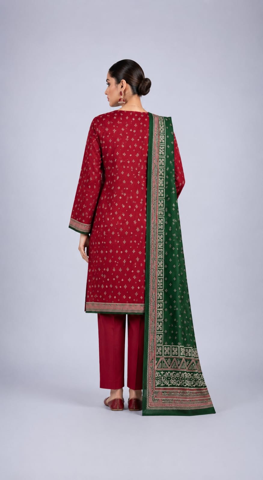 Printed 3-Piece Lawn Suit - Maroon & Forest Green