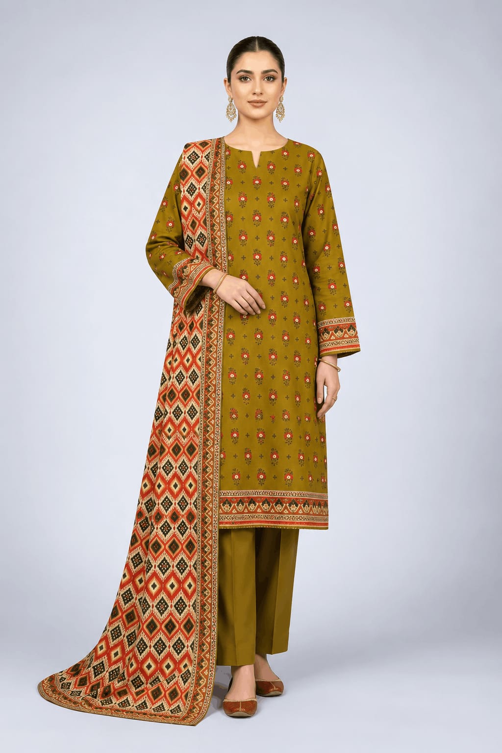 Printed 3-Piece Lawn Suit - Brown Contrast