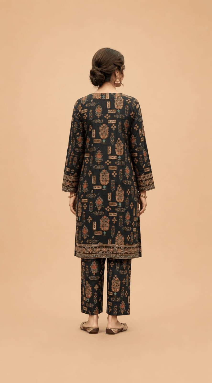 Printed 2-Piece Lawn Suit - Black & Gold Motif