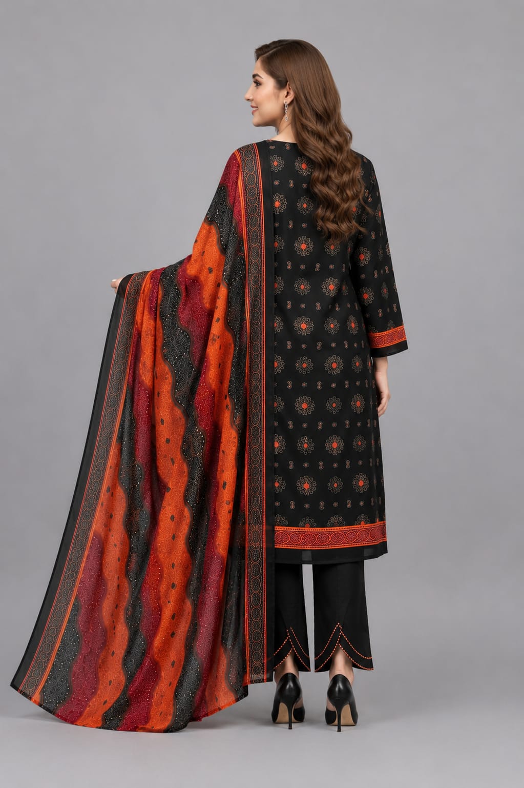 Rungreet Black & Rust Printed 3-Piece Ethnic Suit