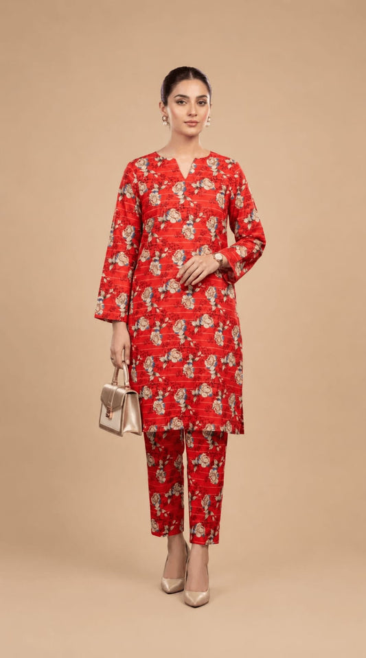 Crimson Floral Gold Striped 2-Piece Lawn Suit