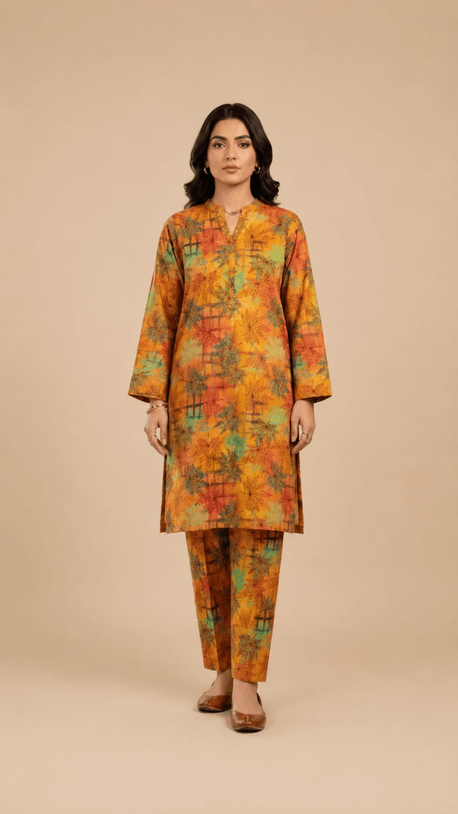 Ochre Botanical Leaf Grid 2-Piece Printed Suit