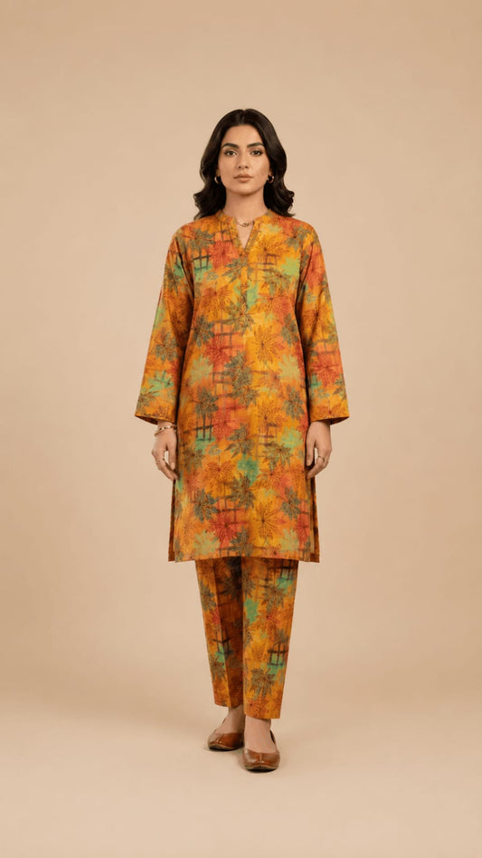 Ochre Botanical Leaf Grid 2-Piece Printed Suit