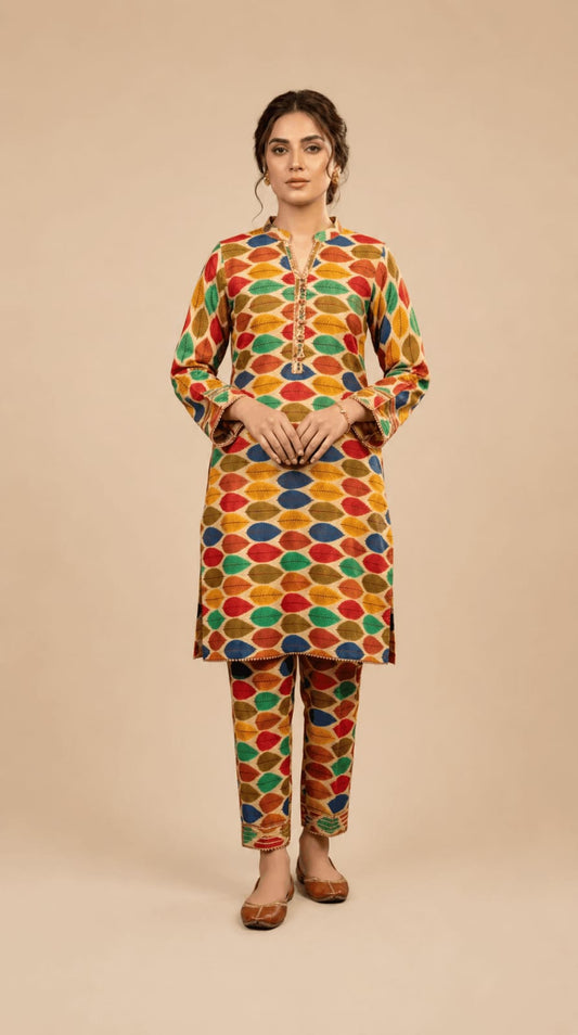 Multicolor Feather Leaf Printed 2-Piece Suit