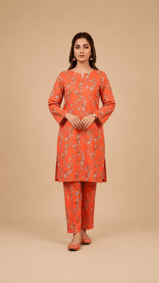 Rust Orange Delicate Twig Printed 2-Piece Suit