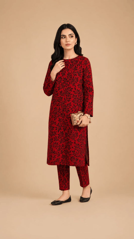 Maroon Foliage Vine Printed 2-Piece Suit