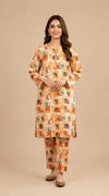 Beige Grid Floral Printed 2-Piece Suit