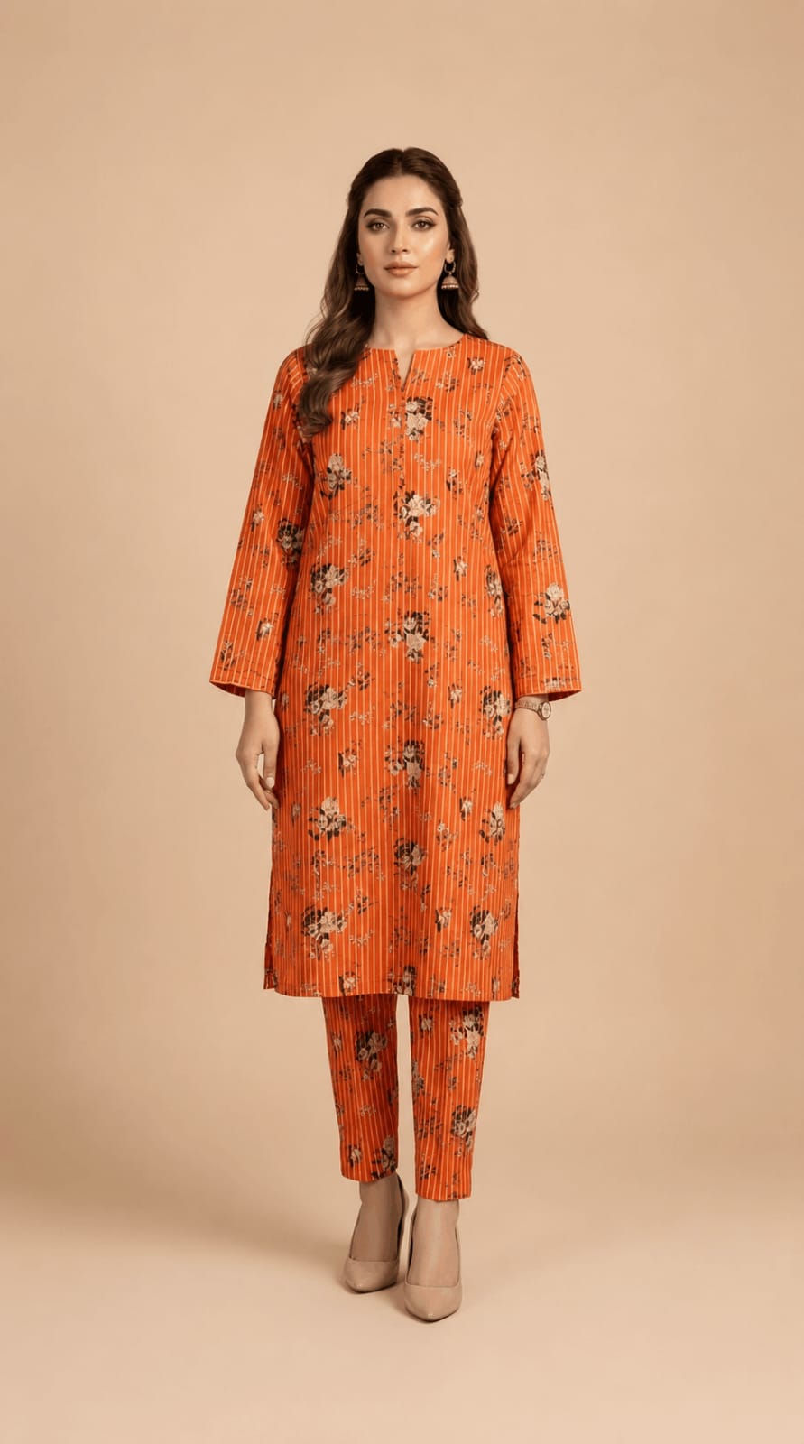 Orange Striped Floral Printed 2-Piece Suit