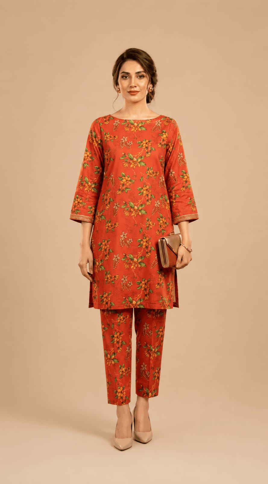 Rust Red Floral Printed 2-Piece Suit