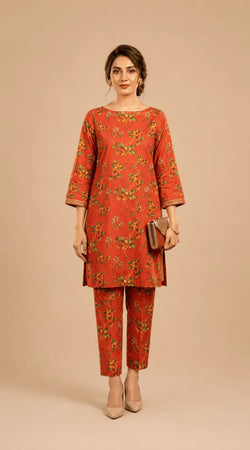Rust Red Floral Printed 2-Piece Suit