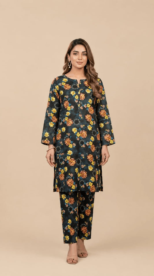 Dark Teal Floral Printed 2-Piece Suit