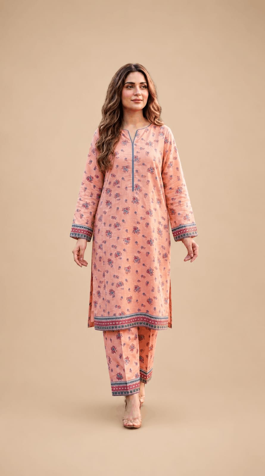 Peach Delicate Floral Printed 2-Piece Suit