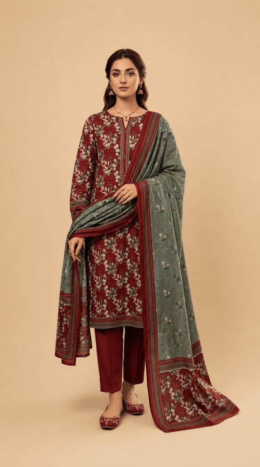 Rich Maroon Floral Printed 3-Piece Suit