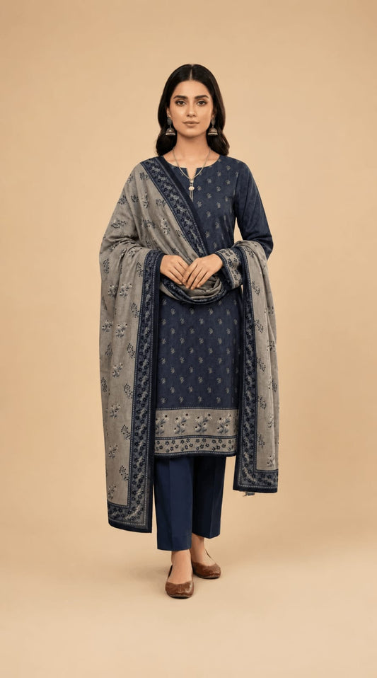 Navy Blue Botanical Printed 3-Piece Suit