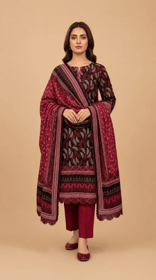 Maroon Red Floral Printed 3-Piece Suit