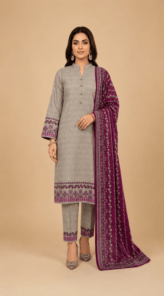 Elegant Grey & Purple Printed Kurti with Matching Trousers & Contrast Dupatta Set