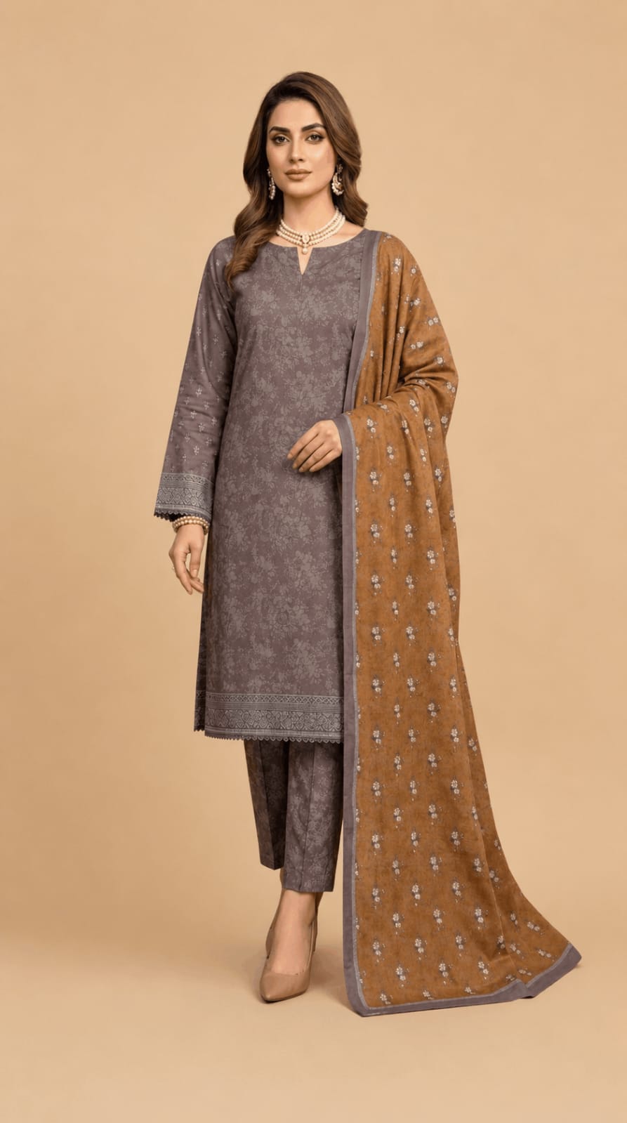 Chic Grey Floral Printed Kurti with Mustard-Brown Dupatta & Trousers Set