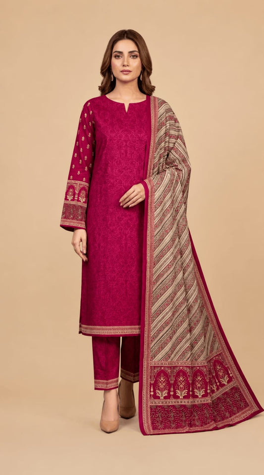 Vibrant Magenta Printed Kurti with Striped Dupatta & Trousers Set