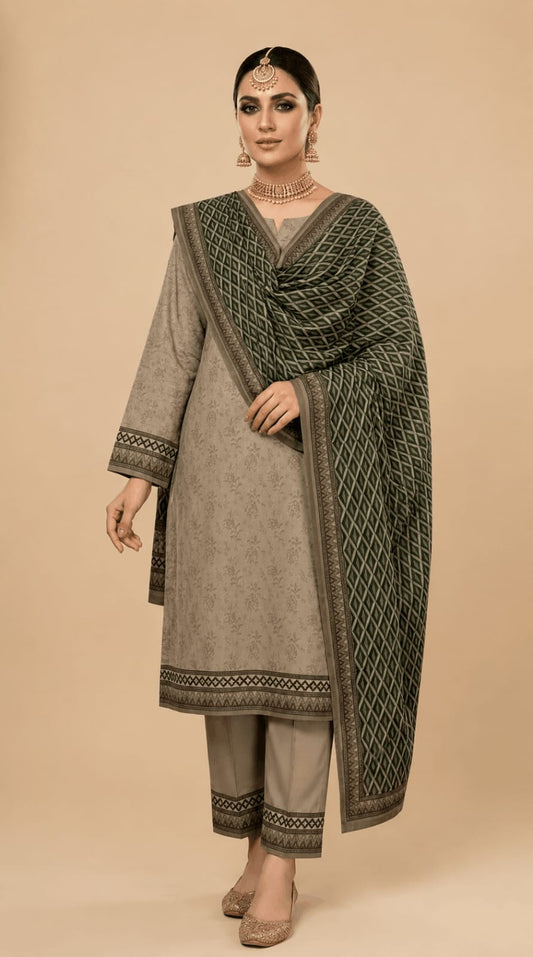Graceful Olive-Grey Printed Kurti with Geometric Dupatta & Trousers Set