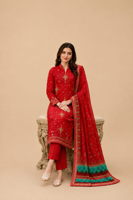 Crimson Red Ethnic Motif 3-Piece Lawn Suit