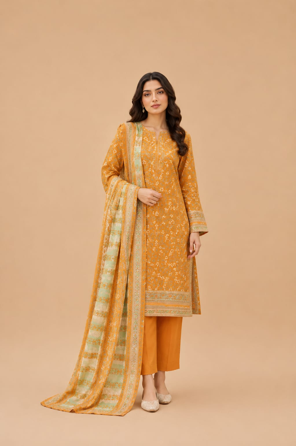 Mustard Yellow Floral Printed 3-Piece Suit