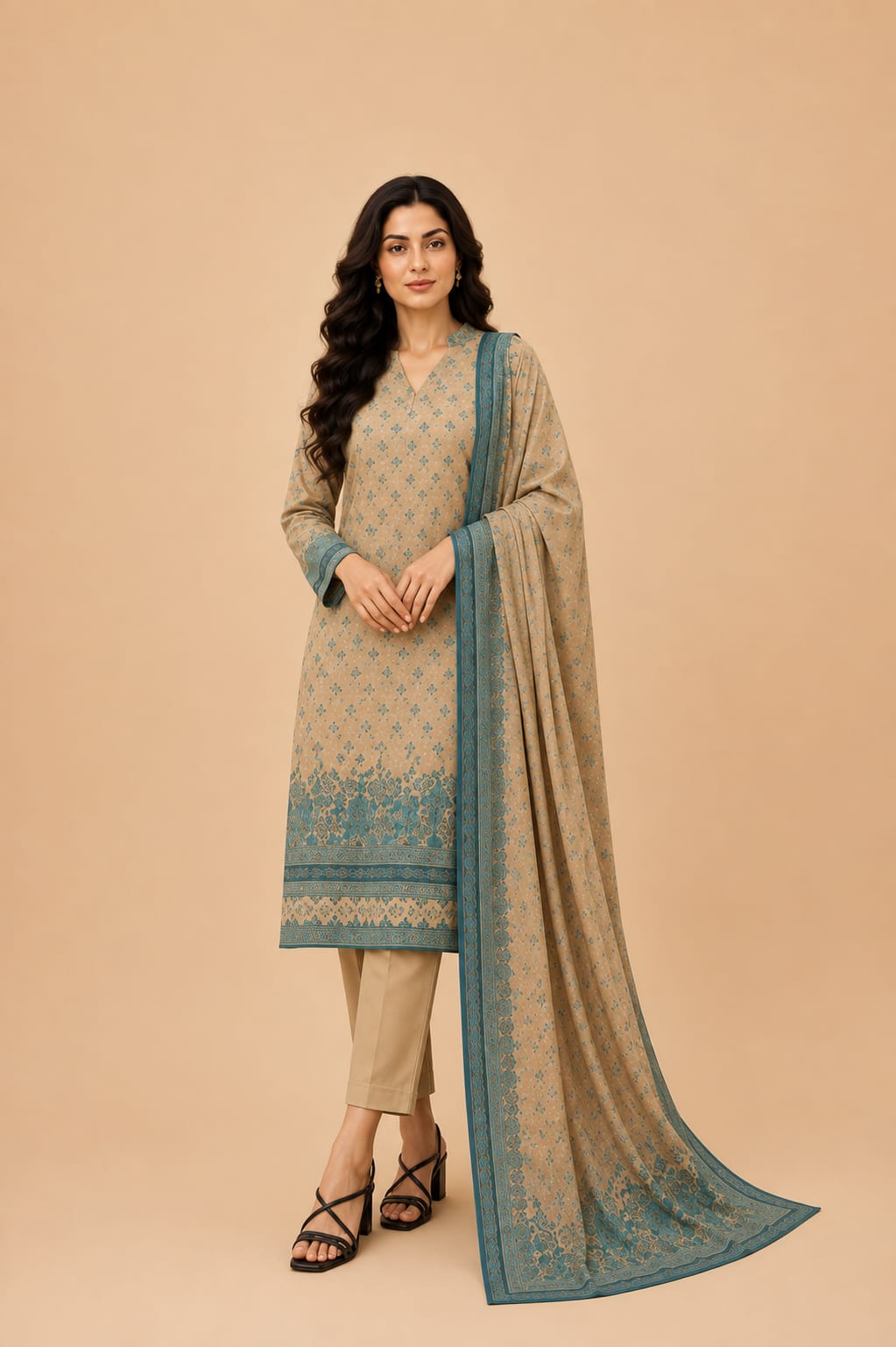 Beige & Teal Printed 3-Piece Lawn Suit