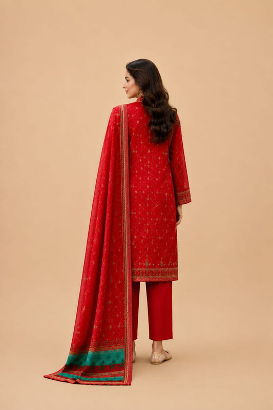 Crimson Red Ethnic Motif 3-Piece Lawn Suit