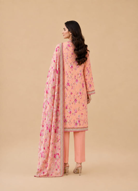 Peach Pink Floral Blossom 3-Piece Lawn Suit