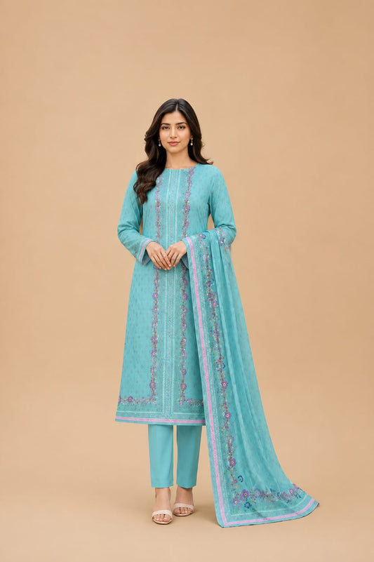 Turquoise Blue Embroidered 3-Piece Suit