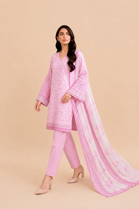 Baby Pink Chikankari Style 3-Piece Lawn Suit