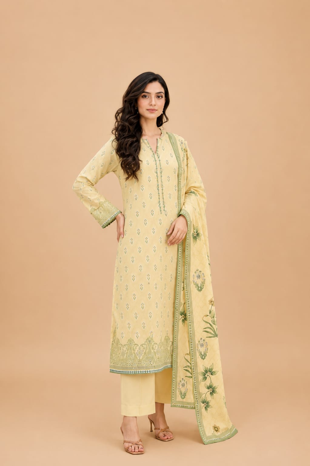 Soft Butter Yellow Botanical 3-Piece Suit