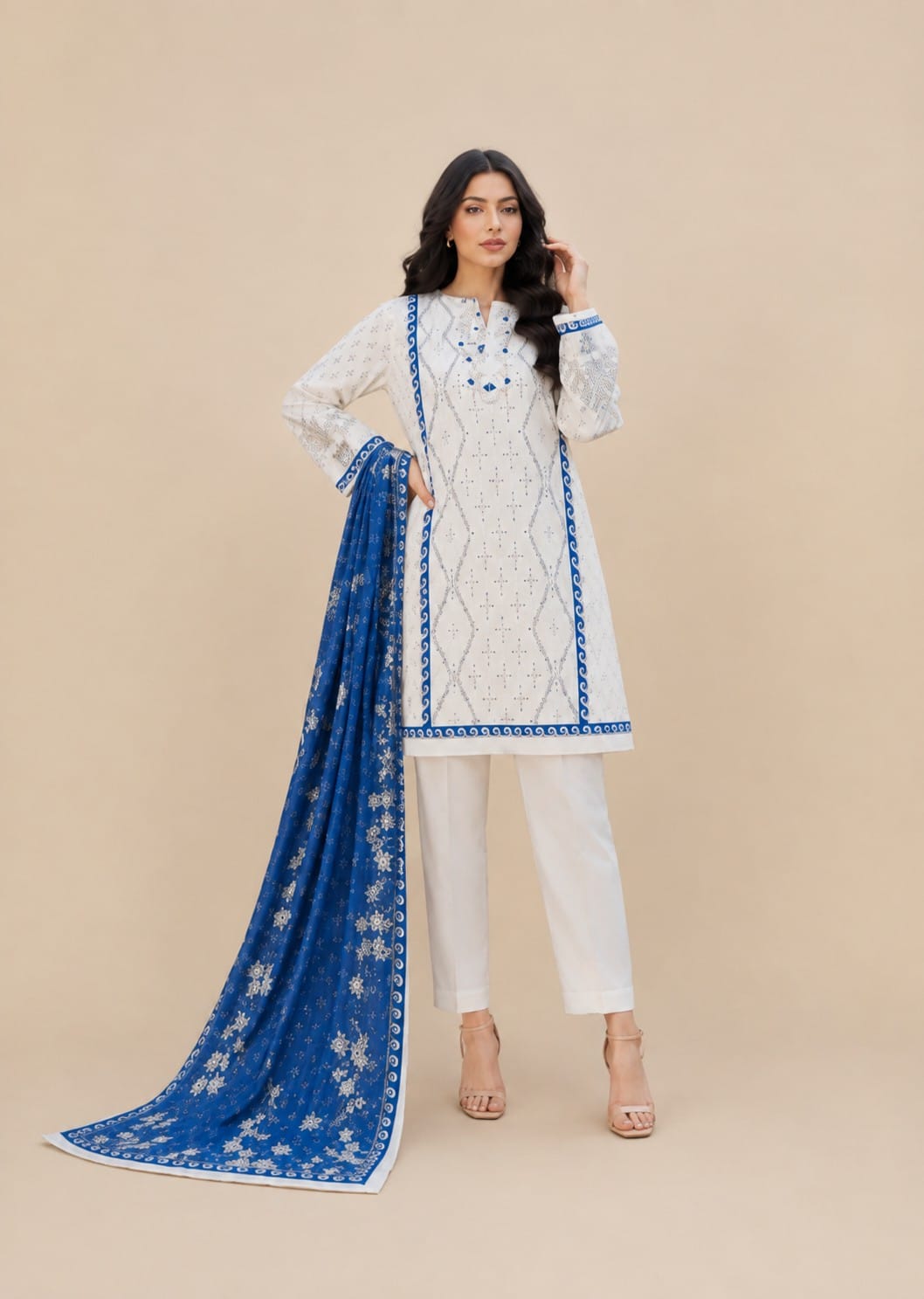 Off-White & Royal Blue Accent 3-Piece Lawn Suit