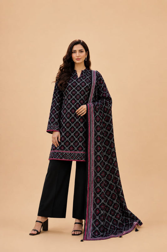 Charcoal Black Traditional Geometric 3-Piece Suit