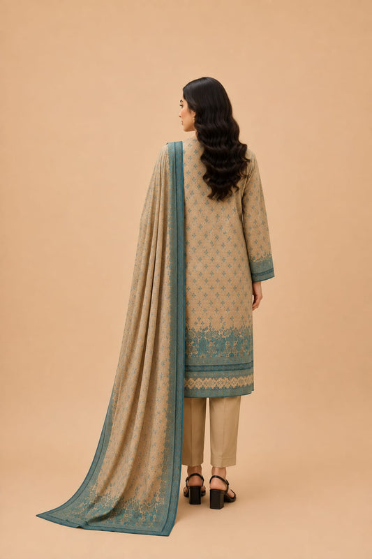 Beige & Teal Printed 3-Piece Lawn Suit