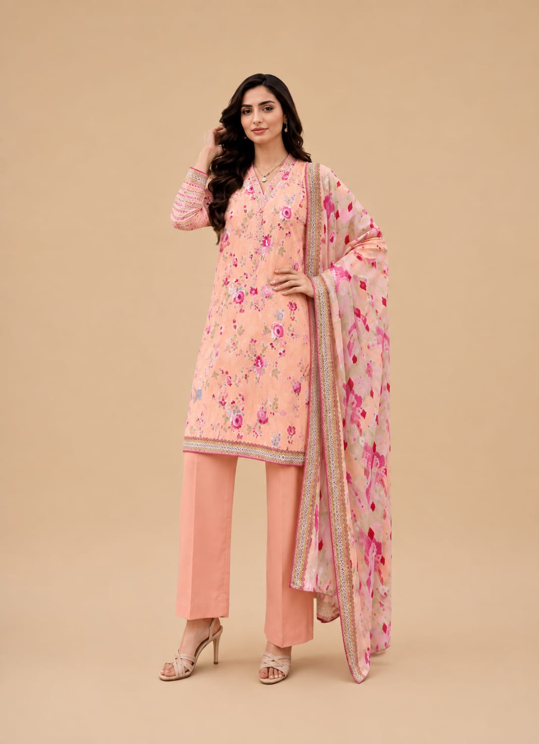 Peach Pink Floral Blossom 3-Piece Lawn Suit