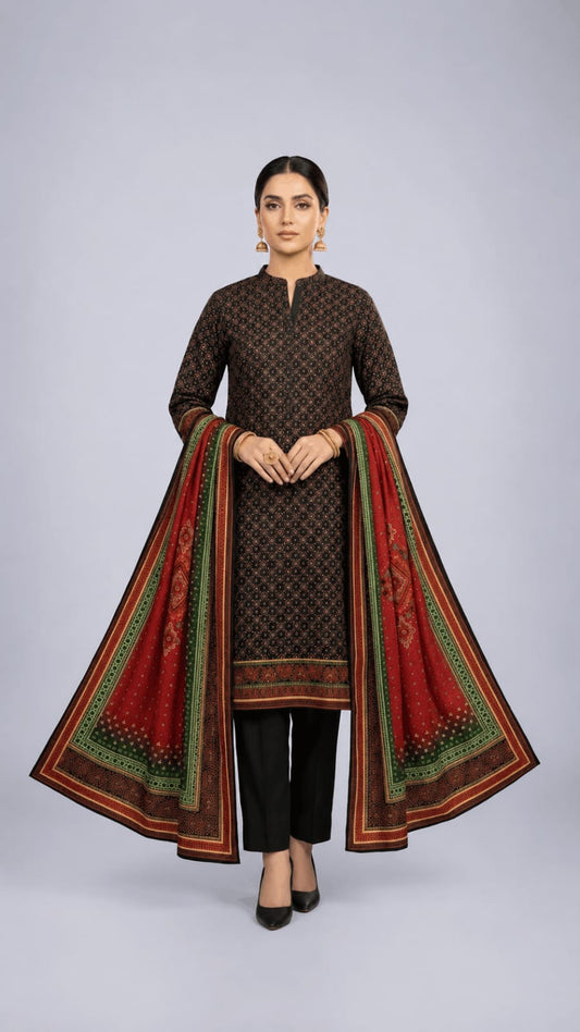 Printed 3-Piece Lawn Suit - Classic Black & Red