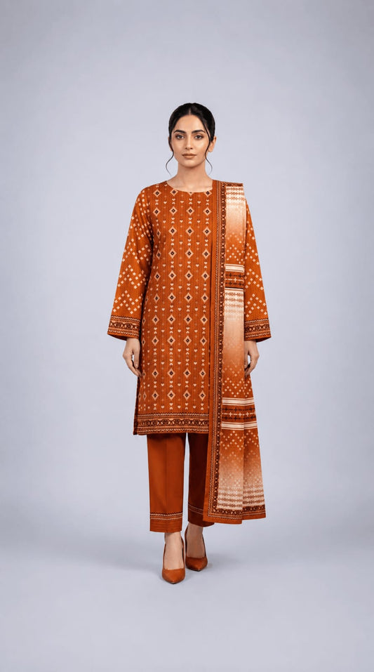 Printed 3-Piece Lawn Suit - Rust Geometric