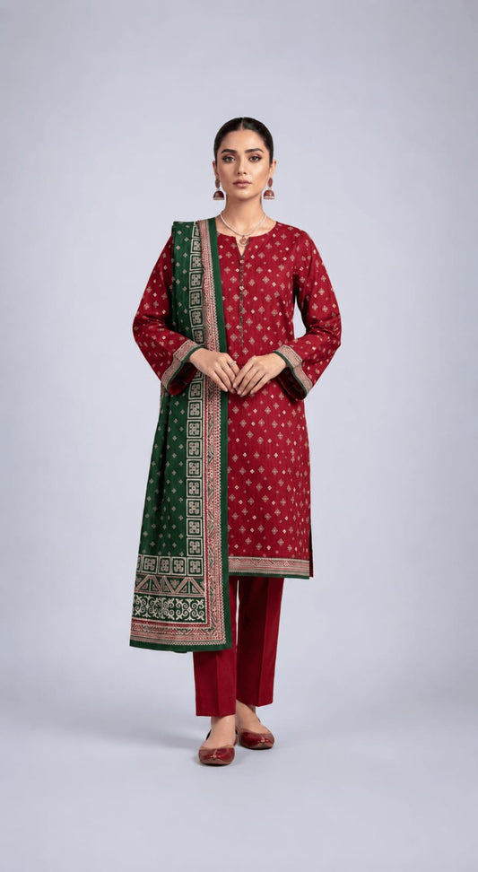 Printed 3-Piece Lawn Suit - Maroon & Forest Green