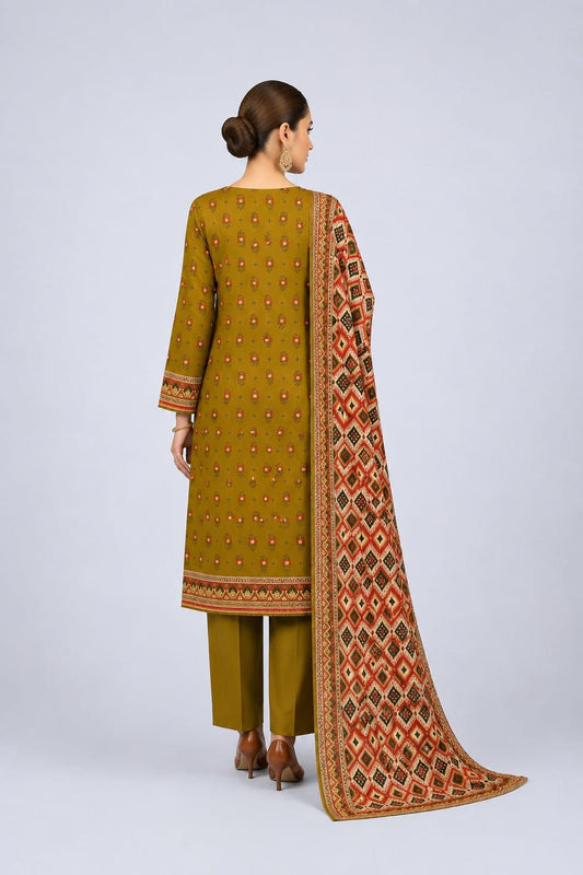 Printed 3-Piece Lawn Suit - Brown Contrast