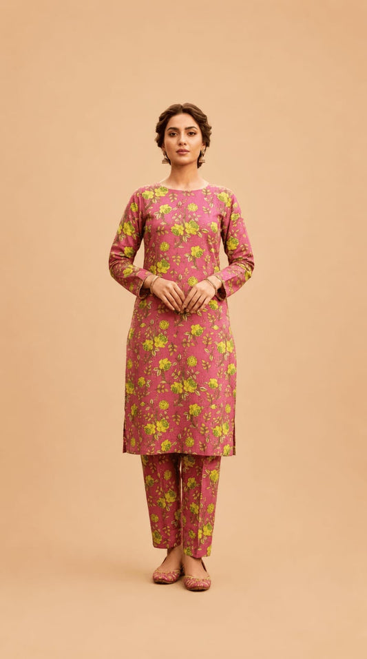 Printed 2-Piece Lawn Suit - Rose & Lime