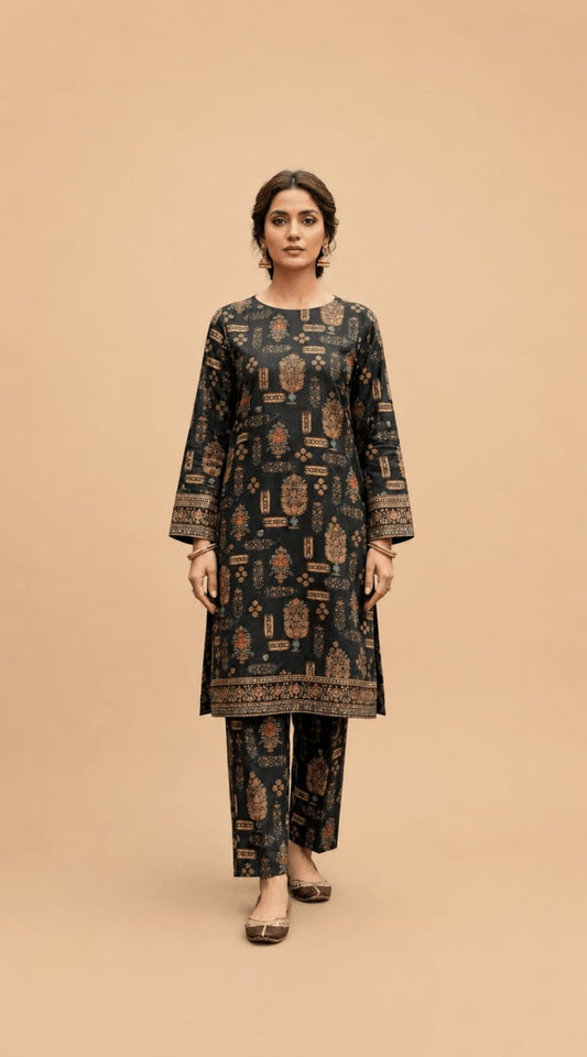 Printed 2-Piece Lawn Suit - Black & Gold Motif