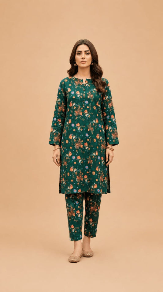 Printed 2-Piece Lawn Suit - Emerald Flora