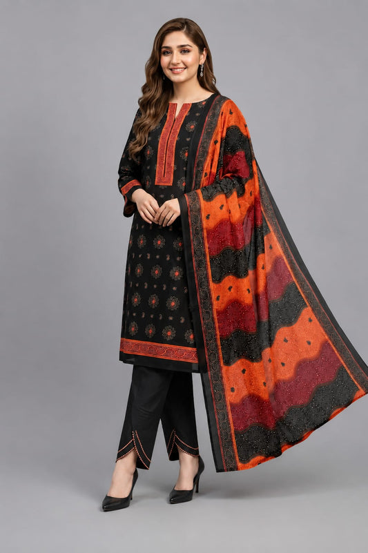 Rungreet Black & Rust Printed 3-Piece Ethnic Suit